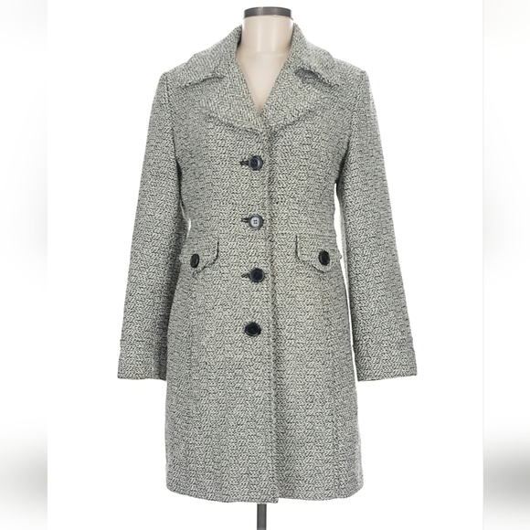 Giacca Black and White Single-Breasted Wool Winter Coat - Picture 2 of 14